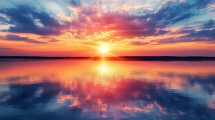 Obraz premium A dramatic sunset over a serene lake, with the reflection creating a stunning mirror image on the surface. The colors of the sunset blend seamlessly into the calm water.