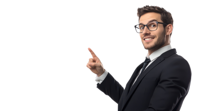 Confident businessman in suit and glasses pointing upwards, isolated on white background. Professional, smiling and ready for business opportunities.