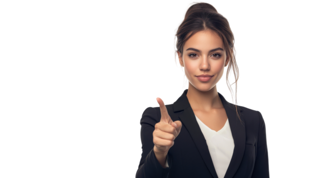 Confident businesswoman in a suit pointing forward, isolated on white background. Professional and assertive gesture in business context. - Powered by Adobe