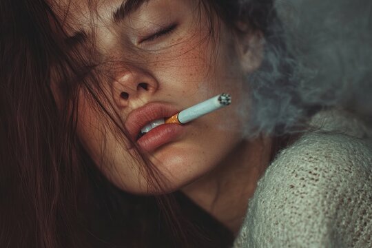 Moody portrait of woman smoking with eyes closed