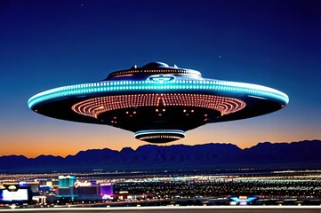 Aliens in a spaceship fly over Las Vegas.