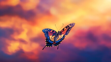 A dramatic view of a butterfly in mid-flight against a backdrop of vibrant sunset colors. The contrasting hues of the sky and the wings create a striking and dynamic image