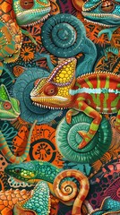 Fototapeta premium A vibrant display of chameleons resting against swirling, colorful patterns in a tropical environment