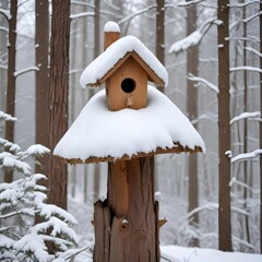 Fototapeta premium A wooden birdhouse mounted on a tree trunk in a snowy forest. The surrounding trees are covered in snow