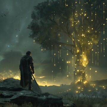 A lone Tarnished warrior standing before a towering, ancient tree in Elden Ring, with mysterious runes glowing on the tree's surface