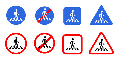 Crosswalk sign. Pedestrian roadsign icon set. Crossing the road vector illustration. Zebra symbol. Traffic road warning banners collection.