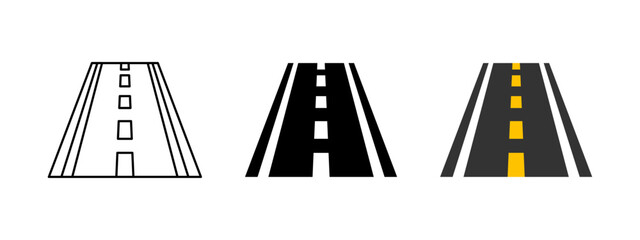 Dashed road line marking icon. Straight road symbol. Yellow one line broken traffic marking vector illustration. Highway traffic sign. Roadway pictogram. Black avenue street concept. © Chelpanoff