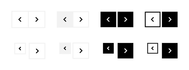 Slider arrow buttons icon set. Website slider navigation symbols. Next and previous squared buttons for app interface. Web arrow buttons illustration.
