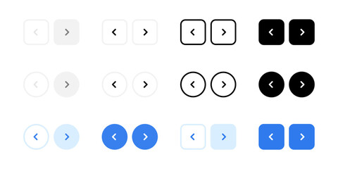 Web interface navigation buttons icon set. Slider arrow buttons symbols. Next and previous round buttons for app. Simple website arrow buttons in three different styles collection.