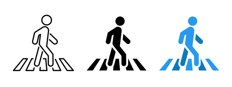 Crosswalk sign. Pedestrian crossing the road icon. Person walking cross the road. Zebra roadsign vector illustration. Man walk symbol. Human safety sidewalk pictogram.