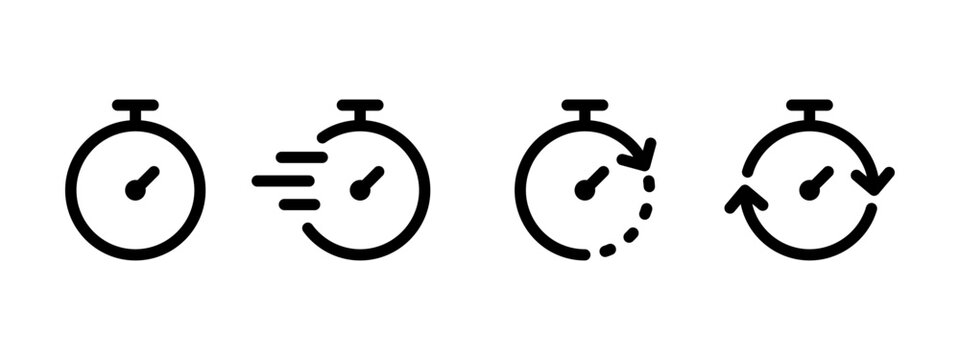 Timer icon set. Alarm clock symbol. Watch countdown vector illustration. Stopwatch sign. Hours, minutes and seconds concept. Simple express pictogram outline collection.