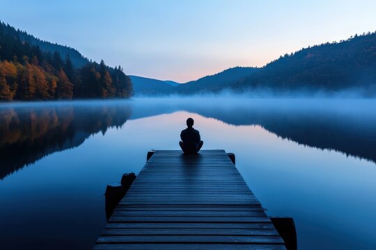 A single person meditates in solitude on a dock, looking out at a misty lake enveloped by mountains and forests at twilight, promoting peace and mindfulness.