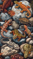 Fototapeta premium Various reptiles and amphibians gather among the rocks and pebbles by a stream, showcasing their unique colors and patterns