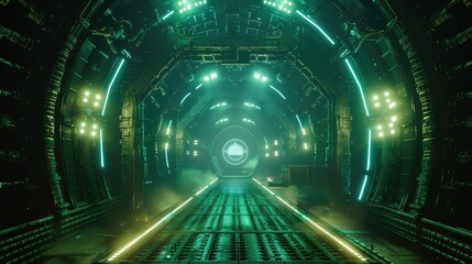 A futuristic, metallic corridor lit with green neon lights. The path extends into the distance, creating a sense of mystery and anticipation.