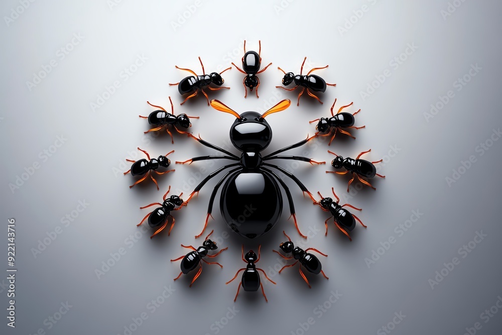 Aufkleber A top-view image of a large black ant surrounded by twelve smaller ants in a circular formation on a smooth, light-colored surface.