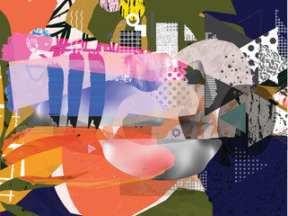 Different textures and shapes artistic vector illustration collage. Geometric abstract design, creative background for banner, brochure, card, invitation, flyer, placard, poster, report, artwork	