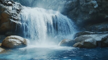 Naklejka premium A dramatic waterfall cascading down rugged rocks into a clear pool below. The powerful rush of water and the mist rising from the impact create a stunning and invigorating natural spectacle.