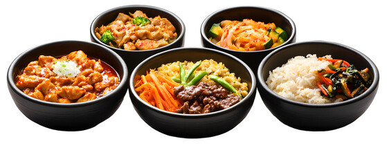 Set of Japanese and Korean food including chicken curry with rice, bibimbap, ramen noodles, and beef and vegetable stir-fry with rice, isolated on a white transparent background