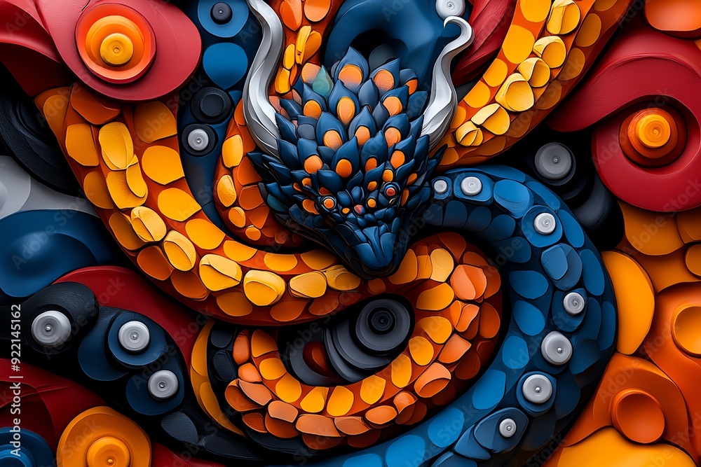 Poster a colorful cartoon illustration featuring a dragon and fish against a patterned background, with ele