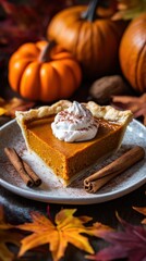 A close-up of a freshly baked pumpkin pie slice with whipped cream, surrounded by seasonal decor and warm autumn colors
