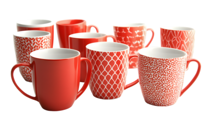 Set of vibrant red coffee mug with white pattern, isolated on white background