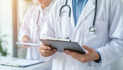 Close-Up of a Doctor in a White Coat Holding a Medical Notebook with a Clipboard