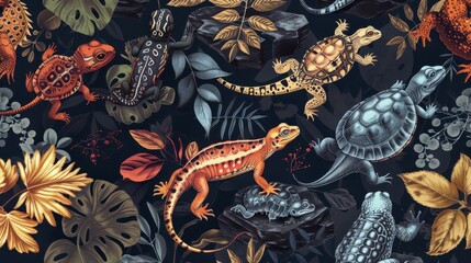 Vibrant reptiles and amphibians blend with foliage and rocks in a detailed rainforest artwork