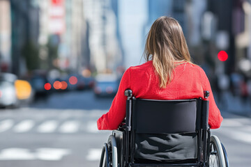 Obraz premium Independent woman navigating city in wheelchair