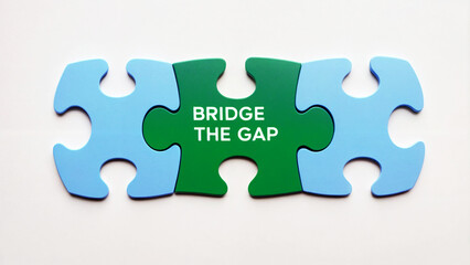 3d render illustration of three jigsaw puzzle pieces with the text word phrase "Bridge the Gap", suggesting a metaphor for connecting different parts or ideas.