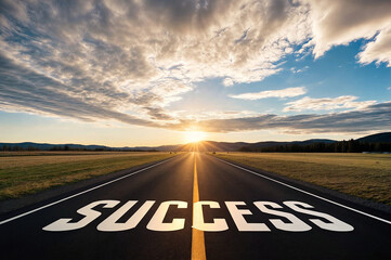 Illustration of a road leading towards the sun with word text SUCCESS