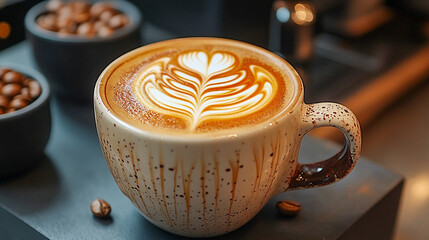 Elegant Latte Art Creation Celebrating International Coffee Day – Beautifully Crafted Coffee Cup with Artistic Foam Designs – Rich Texture and Pattern Highlight
