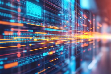 Fototapeta premium Futuristic server room with glowing blue lights data streams