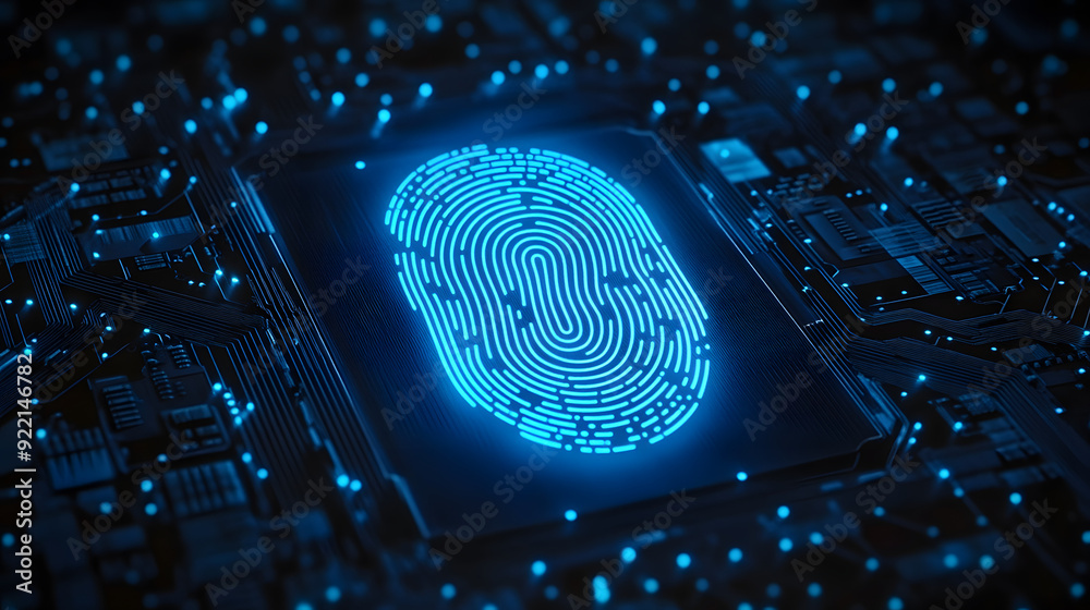 Poster a blue glowing fingerprint icon over a dark blue circuit board background.