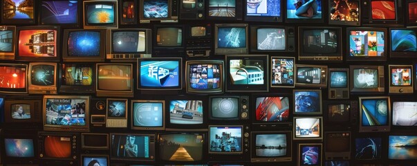 Wall of vintage TVs displaying various static and city scenes, retro style.