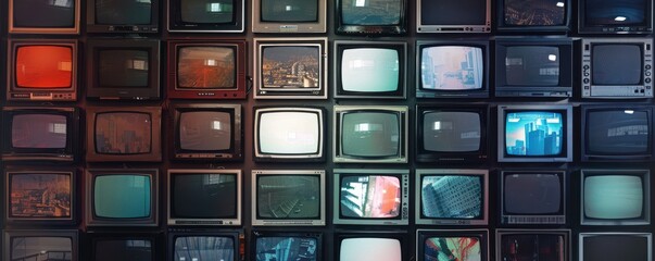 Wall of vintage TVs displaying various static and city scenes, retro style.