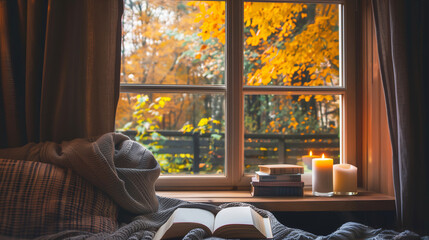 Cozy room decor with knitted blanket, books, lit candles with cinematic autumn view through a window beside, yellow color tone.
