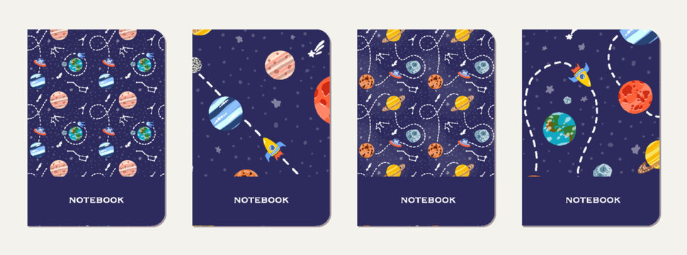 School notebook cover design with cartoon galaxy.