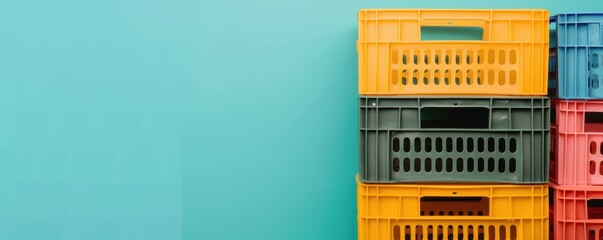 Colorful plastic crates stacked against a bright turquoise background for storage and organization. Ideal for modern aesthetic.
