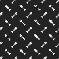 White fish bones on black background. Vector seamless pattern.