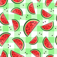 Watermelon vector seamless pattern. Cut slices and seeds on white and green checkered background. Best for textile, wallpapers, wrapping paper, package and your design.