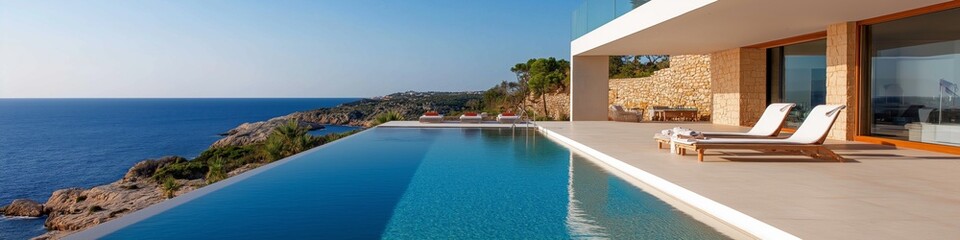 A beautiful pool with a view of the ocean. The pool is surrounded by a white fence and has a white railing. There are two lounge chairs on the deck, one on the left and one on the right