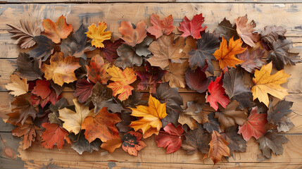 Close up of dry fall leaves texture on a wooden background in orange, brown and red color tones.