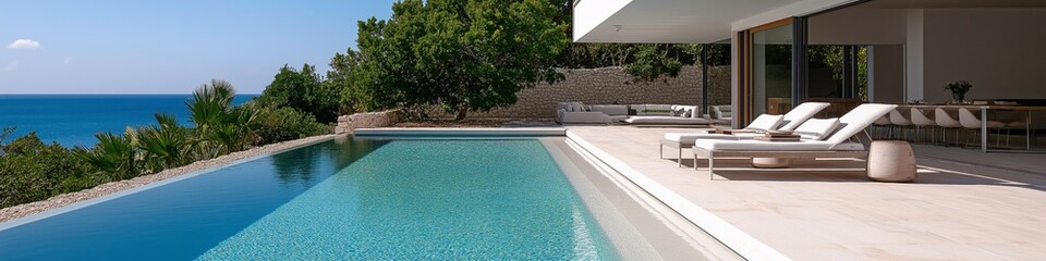 A pool with a white fence and a white house with a balcony overlooking the ocean. The pool is surrounded by rocks and has a white tile floor