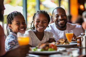 A family of three, a man and two children, are sitting at a table with plates of food and glasses of orange juice. They are smiling and enjoying their meal together