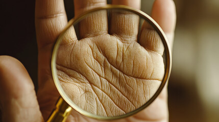 A magnifying glass focuses on the detailed lines and textures of a person's palm, highlighting its intricate patterns and unique characteristics.