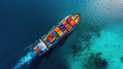 Aerial view of a container ship navigating through clear blue waters with colorful cargo, logistics concept