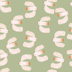 Scandinavian birds with pattern on green background, seamless pattern. Vector illustration