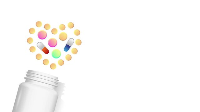 Animation. Tablets of various shapes are on the table.
 Medicine, healthcare. Copy space, template