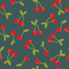 Seamless pattern with red cherries on green background. Vector illustration.	
