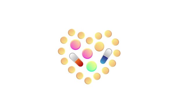 Animation. Tablets of various shapes are on the table.
 Medicine, healthcare. Copy space, template